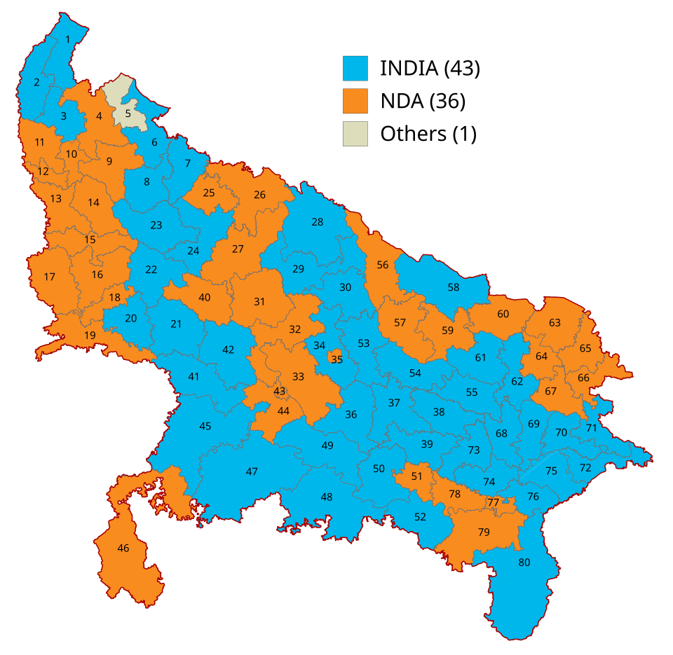 2024 Uttar Pradesh Lok Sabha election alliance wise results map