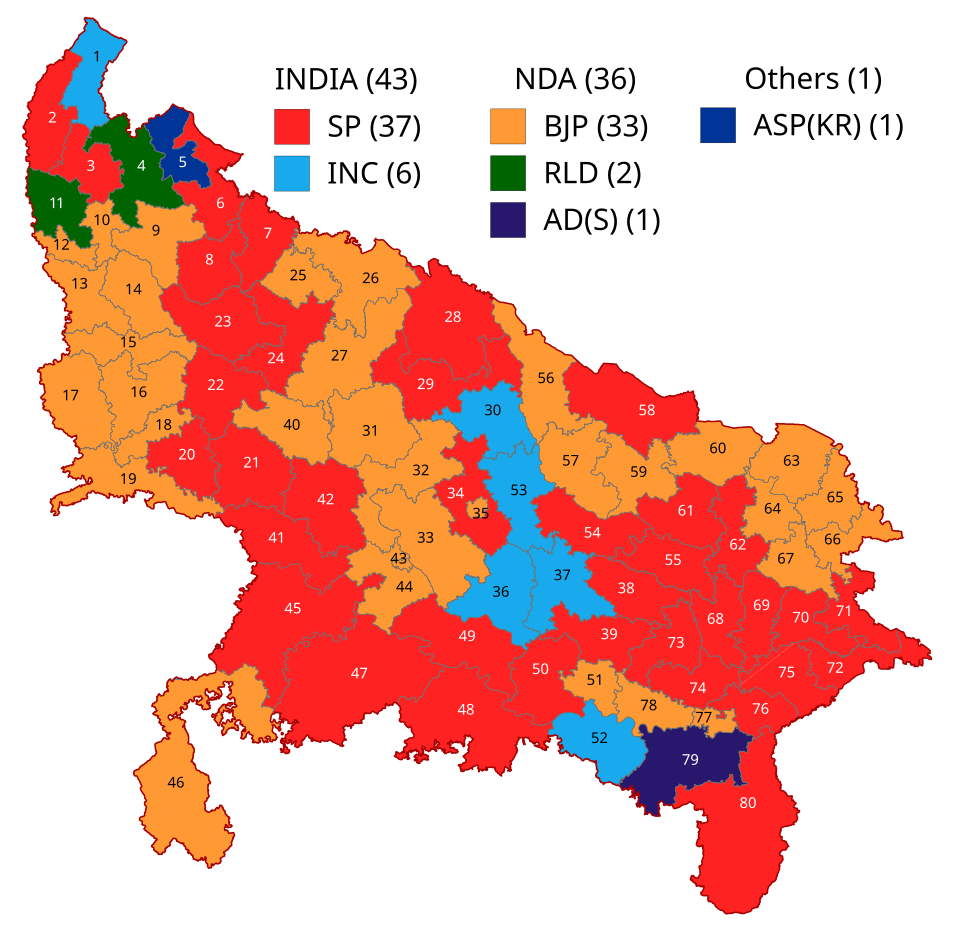 2024 Uttar Pradesh Lok Sabha election partywise results map